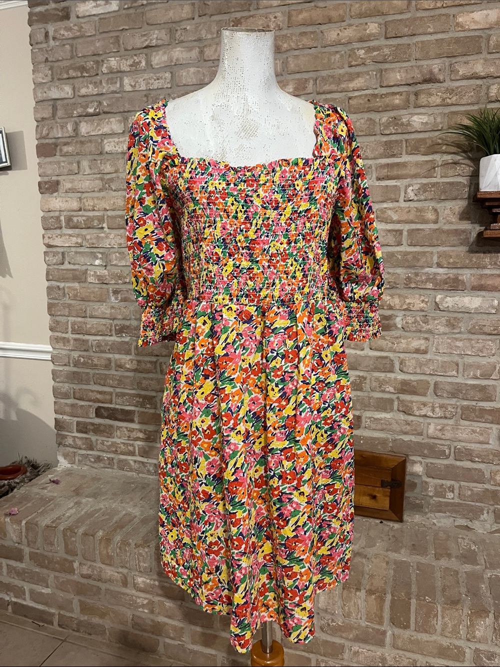 Women’s Colorful Floral Smocked Square Neck Midi Dress | Puff Sleeve 1X